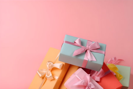 Set of colorful present boxes with silk ribbons on paslet pink background, gift card. Gift or holiday concept. Mothers Day, birthday, wedding or St Valentines day banner with copy space. Generative AI conceptの素材