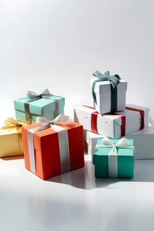Set of colorful present boxes with silk ribbon bow on light background, gift card. Gift or holiday concept. Mothers Day, birthday, wedding or St Valentines day banner with copy space. Generative AI conceptの素材