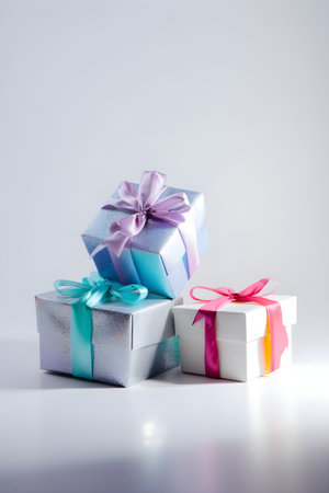 Set of shiny present boxes with silk ribbon bow on light background, gift card. Gift or holiday concept. Mothers Day, birthday, wedding or St Valentines day banner with copy space. Generative AI conceptの素材
