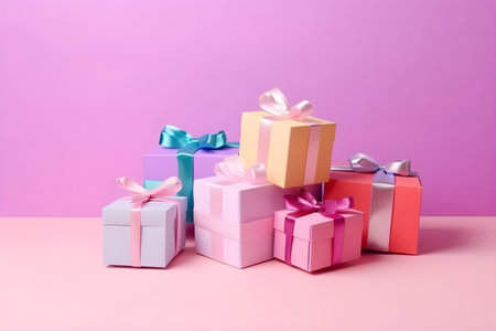 Set of multicolored present boxes on a trendy colorful background, mockup, gift card. Gift or holiday concept. Mothers Day, birthday, wedding or St Valentines day banner with copy space. Generative AI conceptの素材