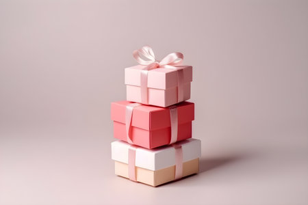 Stack of present boxes with silk ribbon bow on light background, mockup, gift card. Gift or holiday concept. Mothers Day, birthday, wedding or St Valentines day banner with copy space. Generative AI conceptの素材