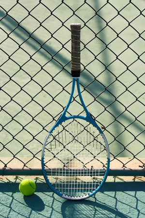 Tennis ball and racket on blue hard tennis court. Side view, copy space, close up. Blue and yellow. Summer sport concept. Active lifestyle and healthy livingの写真素材