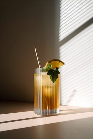 Refreshing summer drink with lemon, whiskey, mint and ice cubes on colored background. Menu concept. Shadows, sunlight refraction. Summer cocktail in corrugated glass, minimalistic. Generative AI conceptの素材