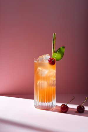 Refreshing summer drink with mango puree and cherries on colored background. Copy space. Menu concept. Shadows, sunlight refraction. Summer cocktail in corrugated glass, minimalistic. Generative AI conceptの素材