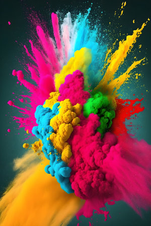 Holi color powder explosion isolated on dark black background. Color splash party festival concept, Colorful rainbow blast. Multicolored background illustration. Holi holiday colors. Generative AIconceptの素材