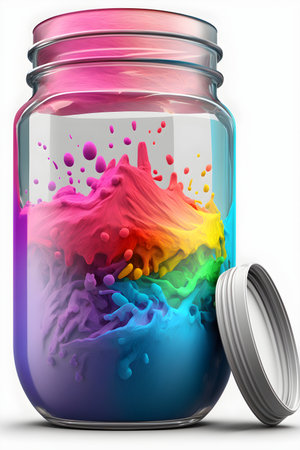 Colorful rainbow holi paint color powder explosion in a jar isolated on white background. Color splash party festival concept. Multicolored background illustration. Holi holiday colors. Generative AI conceptの素材