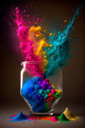 Holi color powder explosion in a glass isolated on dark black background. Color splash party festival concept, rainbow blast. Multicolored background illustration. Holi holiday colors. Generative AI conceptの素材