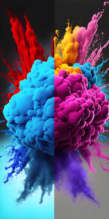 Colorful rainbow holi paint color powder explosion isolated on dark black background. Color splash party festival concept. Multicolored background illustration. Holi holiday colors. Generative AI conceptの素材