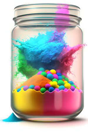 Holi color powder explosion in a jar isolated on white background. Color splash party festival concept, rainbow blast. Multicolored background illustration. Holi holiday colors. Generative AI conceptの素材