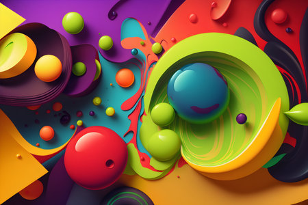 Colorful abstract painting background with multicolored bubbles. Liquid marbling paint banner. Fluid art painting abstract texture. Intensive colorful mix of acrylic vibrant colors. Generative AI conceptの素材