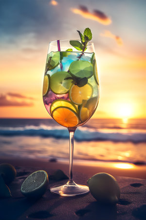Wine glass with a colorful summer cocktail at sea shore at sunset with blur beach background. Tropical cocktail with ice cubes and citrus slices on the beach on sunset background. Generative AI conceptの素材