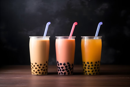 Three glasses of bubble tea on wooden table with bokeh backgroundの素材