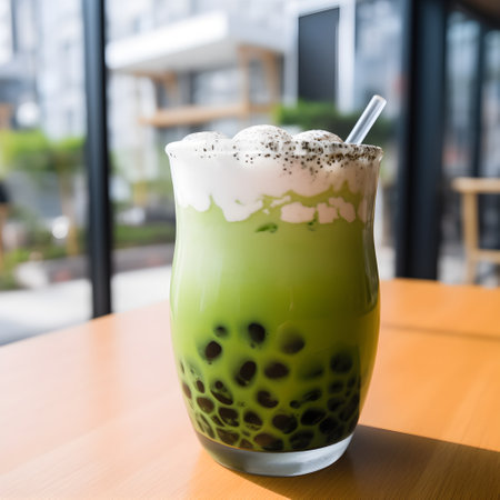 Bubble milk tea, Iced matcha latte with coffee tapioca pearls in transparent cup with drinking straw. Green tea with vegan milk, Taiwan dessert and beverage on coffee house table. Geberative AI conceptの素材