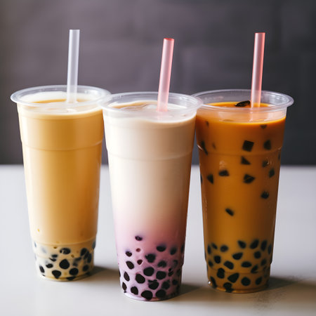 Set of three tall drinking glasses with straws with Taiwanese bubble or boba tea from vegan milk and agava sypur with different flavors isolated on background. Generative AI conceptの素材