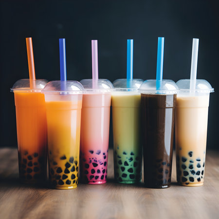 Set of colorful tall drinking glasses with straws with Taiwanese bubble or boba tea from vegan milk and agava sypur with different flavors isolated on dark background. Generative AI conceptの素材
