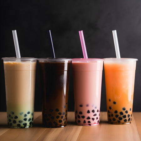 Set of tall drinking glasses with straws with Taiwanese bubble or boba tea from vegan milk and agava sypur with different flavors isolated on dark background. Generative AI conceptの素材