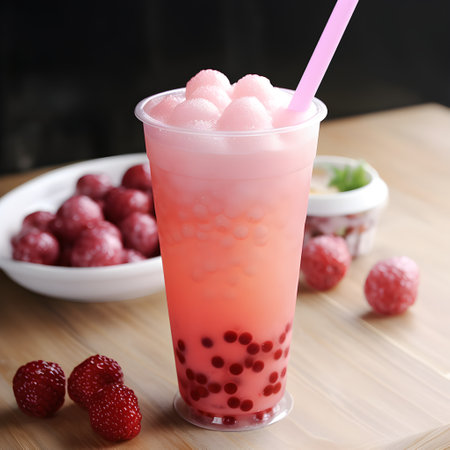 Strawberry Bubble tea or a bubble milk tea in disposable tall plastic cup with drinking straw. Tea-based drink with vegan milk, crushed ice and strawberry tapioca balls. Asian tea. Generative AI conceptの素材
