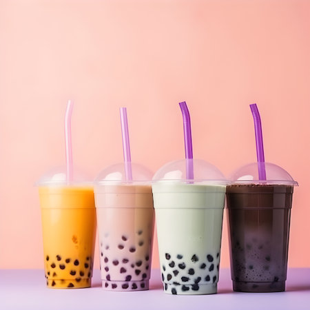 Set of tall drinking glasses with straws with Taiwanese bubble or boba tea from vegan milk and agava sypur with different flavors isolated on a trendy colorful background. Generative AI conceptの素材