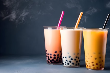 Set of three drinking glasses with straws with Taiwanese bubble or boba tea from vegan milk and agava sypur with different flavors isolated on dark grey background. Generative AI conceptの素材