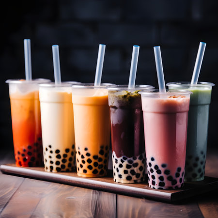 Set of many tall drinking glasses with straws with Taiwanese bubble or boba tea from vegan milk and agava sypur with different flavors isolated on dark background. Generative AI conceptの素材