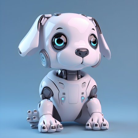 Cute robot puppy machine character. Electronic interactive toy, robot dog isolated on a light blue background. High technology concept, pet of the future, electronic home. Generative AI conceptの素材
