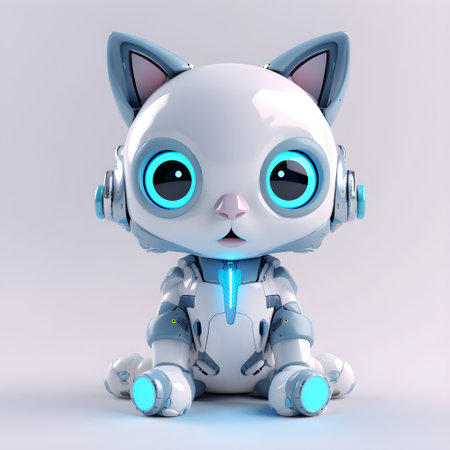 Scared cute robot kitten machine character. Electronic interactive toy, robot cat isolated on a light background. High technology concept, pet of the future, electronic home. Generative AI conceptの素材
