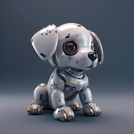 Cute robot puppy machine character. Electronic interactive toy, robot dog isolated on a grey background. High technology concept, pet of the future, electronic home. Generative AI conceptの素材