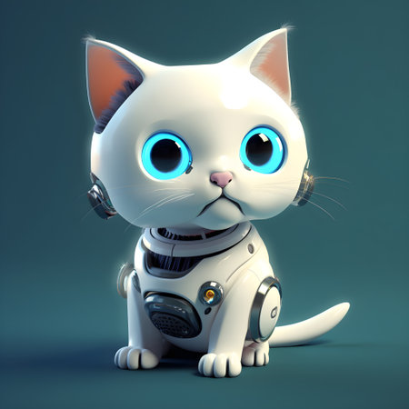 Surprised robot kitten machine character. Electronic interactive toy, robot cat isolated on a blue background. High technology concept, pet of the future, electronic home. Generative AI conceptの素材