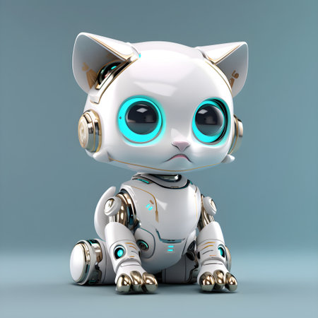 Cute robot kitten machine character. Electronic interactive toy, robot cat isolated on a light blue background. High technology concept, pet of the future, electronic home. Generative AI conceptの素材