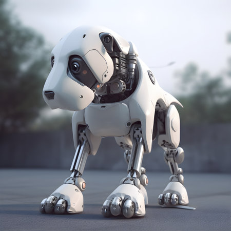 Cute robot puppy machine character. Electronic interactive toy, robot dog isolated in the street. High technology concept, pet of the future, electronic home. Generative AI conceptの素材
