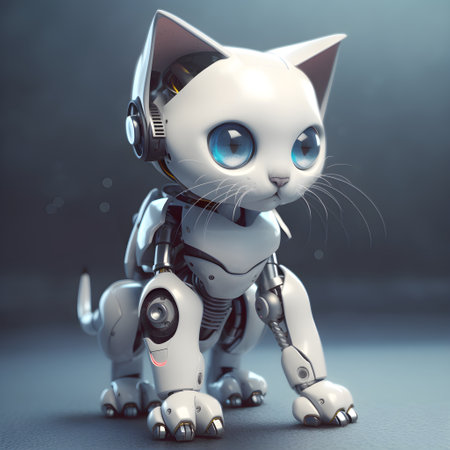 A robot kitten machine character. Electronic interactive toy, robot cat isolated on a grey background. High technology concept, pet of the future, electronic home. Generative AI conceptの素材