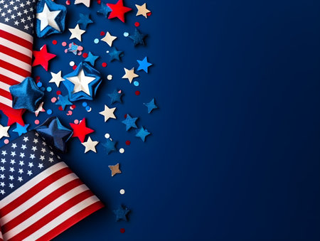 Holiday banner dedicated to Memorial day or Independence day of the 4th of July or labor day with american flag and stars on blue background, copy space. USA flag clolors. Generative AI conceptの素材