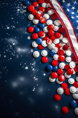 Vertical holiday banner dedicated to Memorial day or Independence day of the 4th of July or labor day with american flag and drops on blue background, copy space. USA flag colors. Generative AI conceptの素材