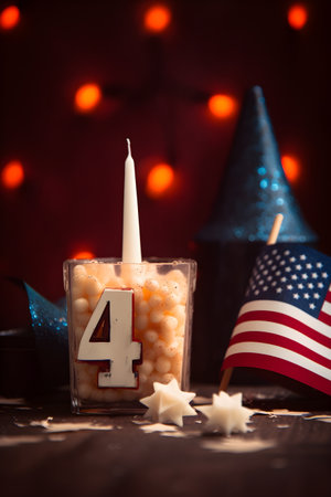 4th of July. Independence Day in the USA. Holiday banner or post card dedicated to Independence day of the 4th of July with american flag, number 4 and candle on dark blurred background. Generative AI conceptの素材