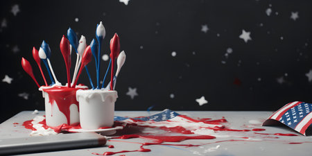 Color splash banner with american flag, color spots on background pointing the end of holidays dedicated to Memorial day or Independence day 4th of July or labor day, copy space. Generative AI conceptの素材