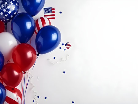 Holiday banner dedicated to Memorial day or Independence day of the 4th of July or labor day with american flag and baloons on white background, copy space. USA flag clolors. Generative AI conceptの素材