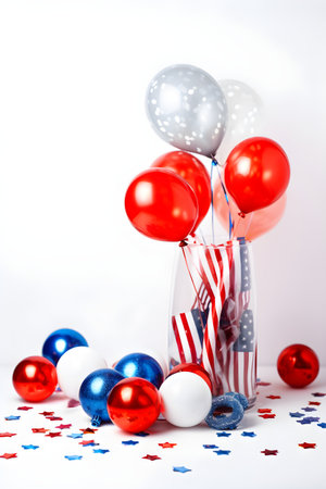 Vertical holiday banner dedicated to Memorial day or Independence day of the 4th of July or labor day with american flag and baloons on white background, copy space. USA flag clolors. Generative AI conceptの素材