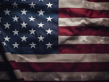 Moody American Flag Close Up for Memorial Day or 4th of July. USA flag or america flag background dedicated to memorial day or independence day or labor day. Generative AI conceptの素材