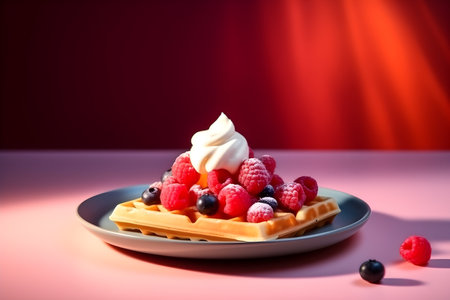 Close up of traditional belgian waffles with vanilla ice cream and berries isolated on trendy colorful background with copy space for text. Food banner with waffles on purple background. Generative AI conceptの素材