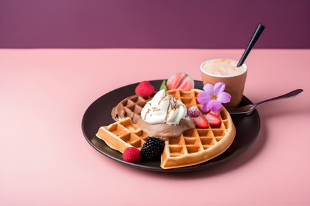 Belgian waffles with ice cream, berries, chocolate and cup of coffee isolated on trendy colorful background with copy space for text. Food banner with waffles on purple background. Generative AI conceptの素材