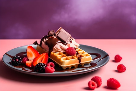 Close up of belgian waffles with ice cream, berries chocolate and chocolate sauce on trendy colorful background with copy space. Food banner with waffles on pink and purple background. Generative AI conceptの素材