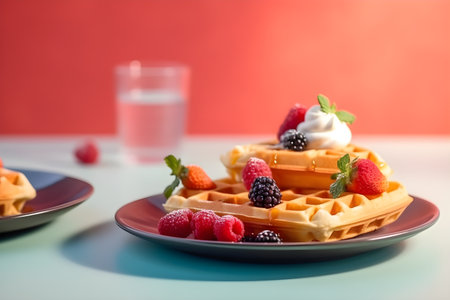 Close up of belgian waffles with ice cream, berries and honey syrup isolated on trendy colorful background with copy space for text. Food banner with waffles on red and blue background. Generative AI conceptの素材