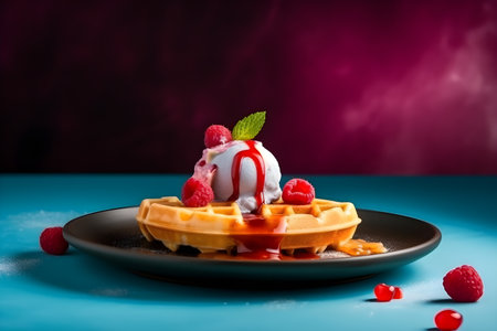Close up of belgian waffles with vanilla ice cream, raspberries and berry syrup isolated on trendy colorful background with copy space. Food banner with waffles on dark background. Generative AI conceptの素材