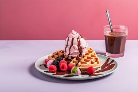 Belgian waffles with ice cream, berries, chocolate and cocoa glass isolated on trendy colorful background with copy space for text. Food banner with waffles on purple background. Generative AI conceptの素材