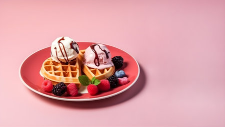 Traditional belgian waffles with ice cream, berries and chocolate sauce on trendy colorful background with copy space. Food banner with waffles on light pink background. Generative AI conceptの素材