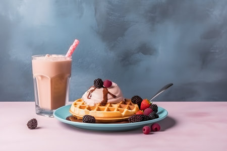 Belgian waffles with ice cream, berries and chocolate sauce with milkshake on trendy colorful background with copy space for text. Food banner with waffles on blue background. Generative AI conceptの素材