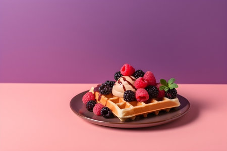 Traditional belgian waffles with ice cream, berries and chocolate sauce isolated on trendy colorful background with copy space. Food banner with waffles on purple background. Generative AI conceptの素材