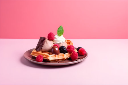 Belgian waffles with ice cream, berries and chocolate isolated on trendy colorful background with copy space for text. Food banner with waffles on purple background. Generative AI conceptの素材