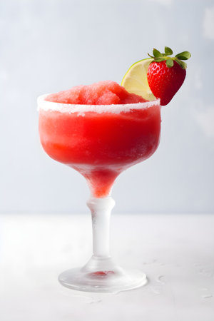 Frozen strawberry margarita garnished with a salt rim and a lime slice on grey, vertical, close up. Margarita with crushed ice. Frozen red cocktail with crushed ice, strawberry and lime. Generative AI conceptの素材