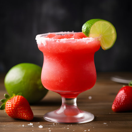 Frozen strawberry margarita garnished with a salt rim and a lime slice on dark background. Margarita with crushed ice. Summer red cocktail with crushed ice, strawberry, lime and solt. Generative AIの素材